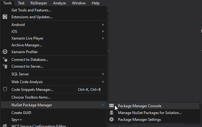 Tools > NuGet > Package Manager Console